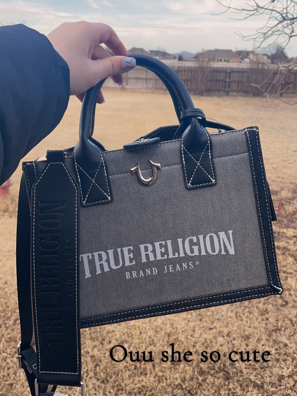True Religion Gray Canvas Messenger Bag with Black Trim